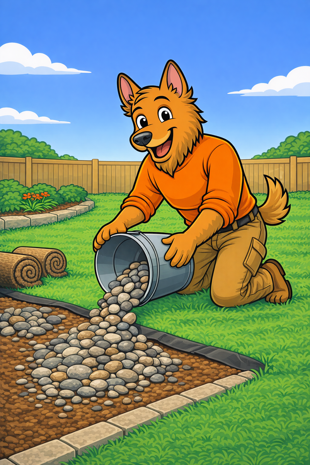 Elite Grounds mascot pouring decorative rocks into a landscape bed