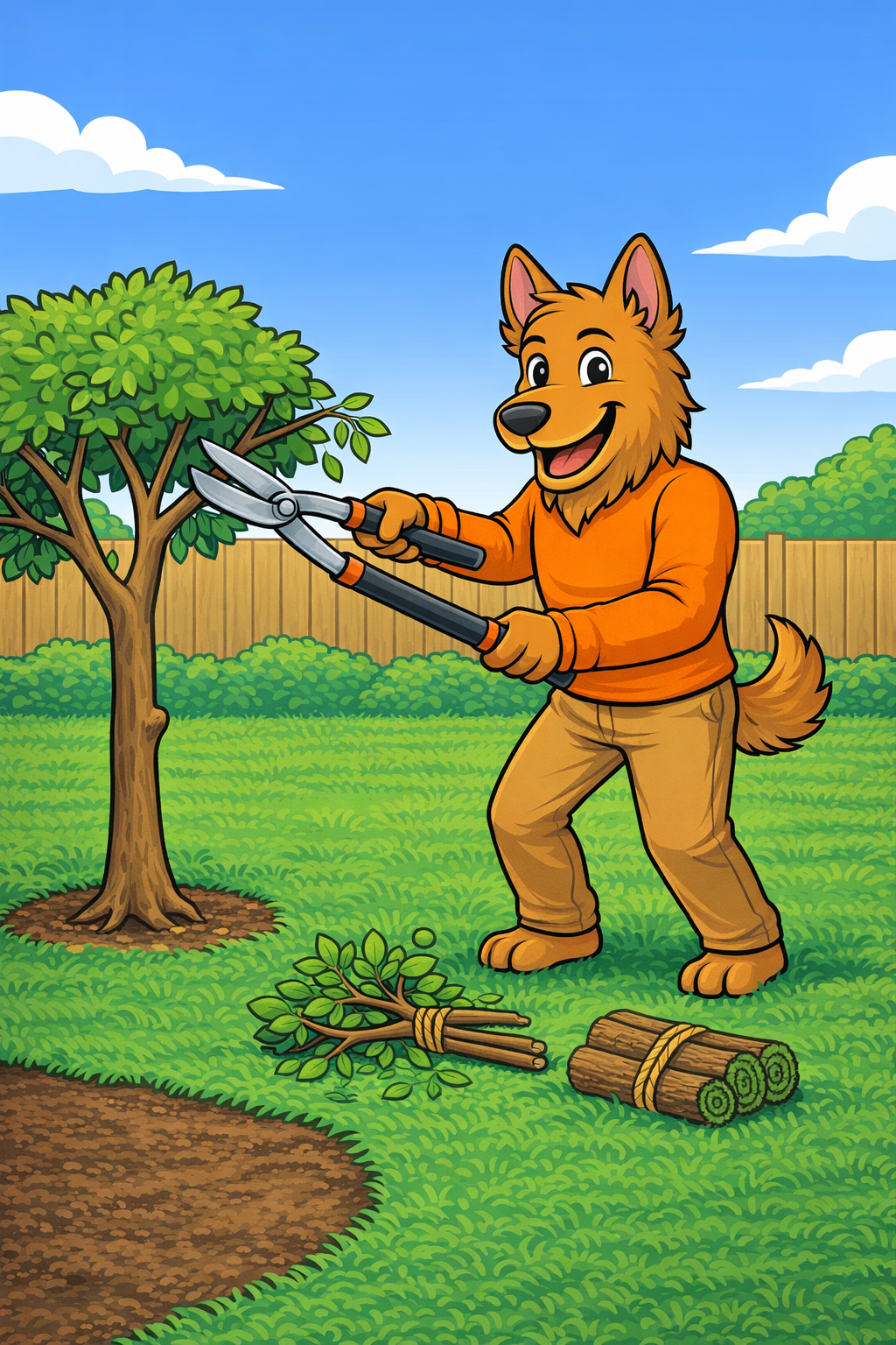 Elite Grounds mascot holding tree pruning shears