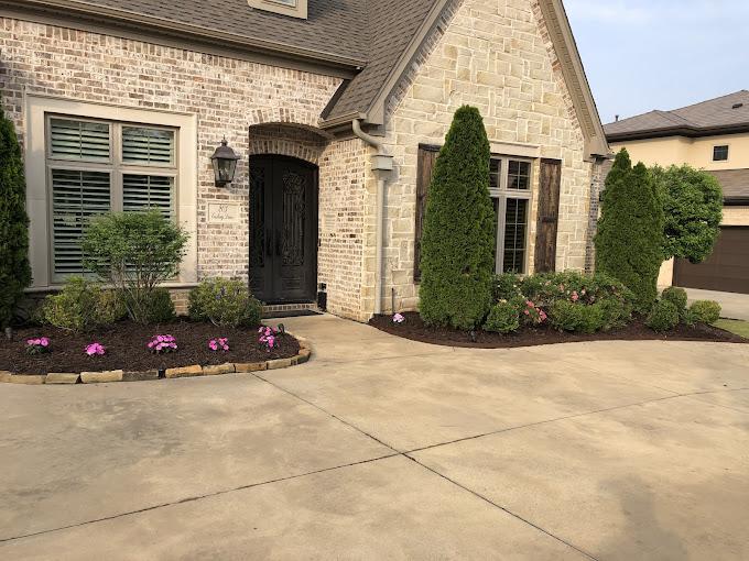 Fresh dark mulch bed with flowering annuals at a home entrance