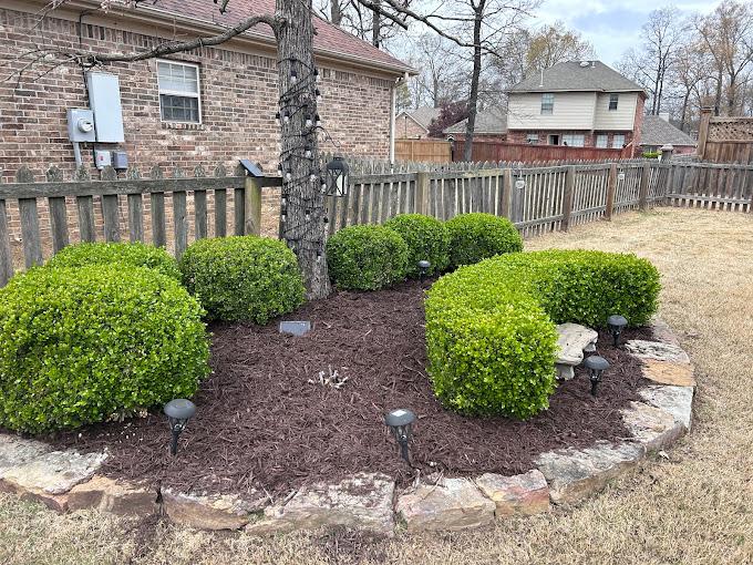 Stone patio hardscape with professional landscaping