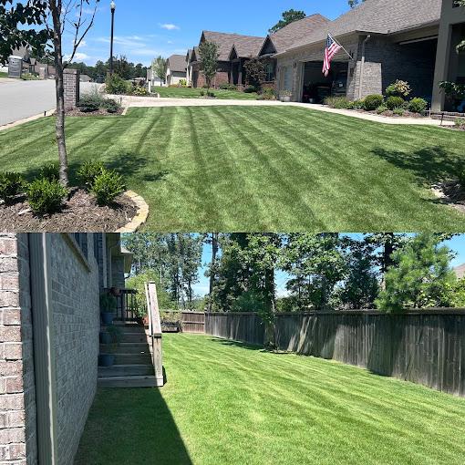 Terraced lawn with stripe mowing pattern and landscape beds